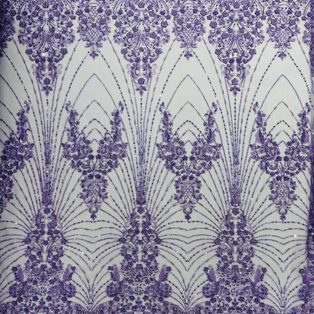 Luxury Lace - Lilac - 3D Beaded Design with Embroidered Sequins and Beads On a Mesh Lace Fabric for Prom Dress By The Yard