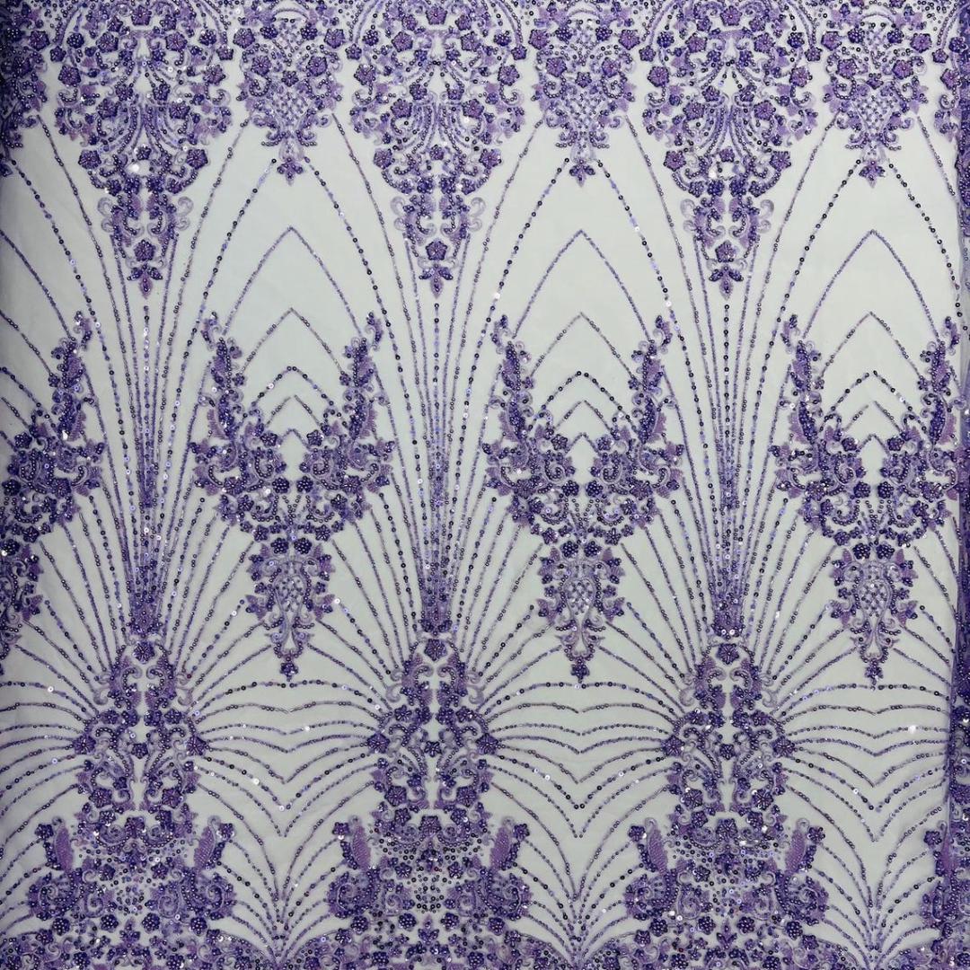 Luxury Lace - Lilac - 3D Beaded Design with Embroidered Sequins and Beads On a Mesh Lace Fabric for Prom Dress By The Yard