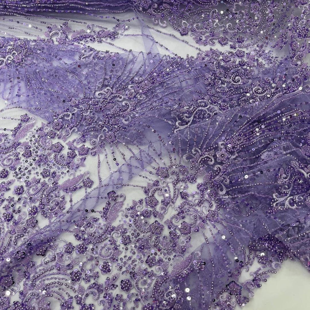 Luxury Lace - Lilac - 3D Beaded Design with Embroidered Sequins and Beads On a Mesh Lace Fabric for Prom Dress By The Yard