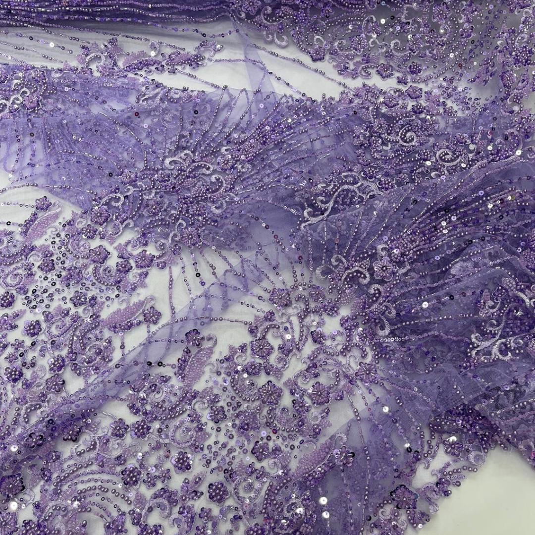 Luxury Lace - Lilac - 3D Beaded Design with Embroidered Sequins and Beads On a Mesh Lace Fabric for Prom Dress By The Yard