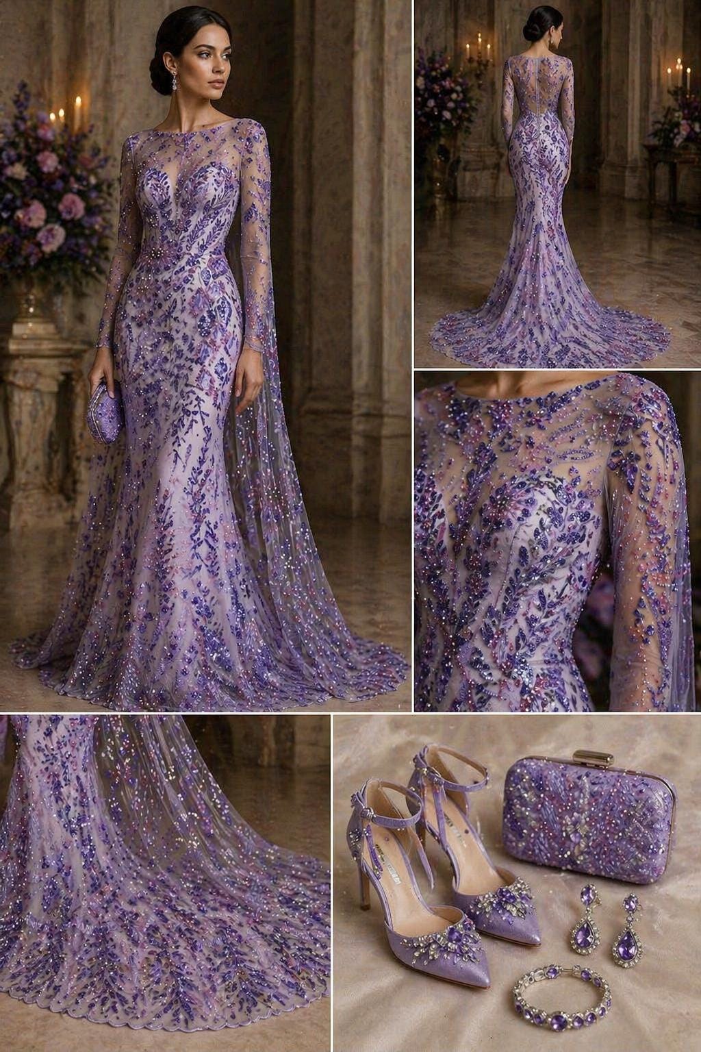 Luxury Lace - Lavender - 3D Beaded Design with Embroidered Sequins and Beads On a Mesh Lace Fabric for Prom Dress By The Yard