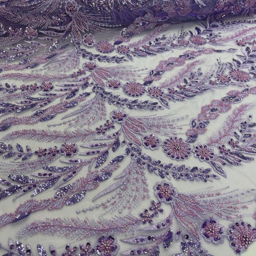 Luxury Lace - Lavender - 3D Beaded Design with Embroidered Sequins and Beads On a Mesh Lace Fabric for Prom Dress By The Yard