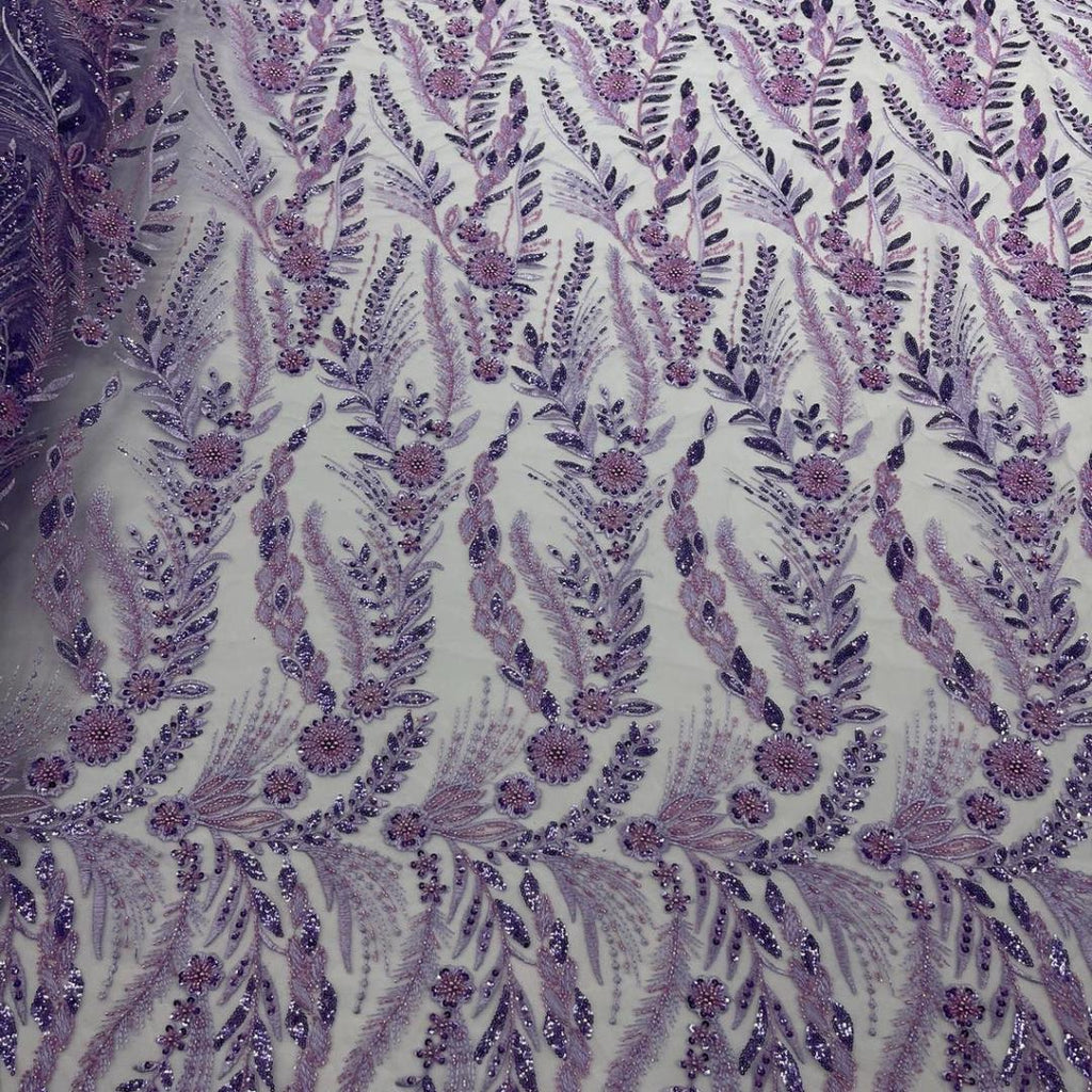 Luxury Lace - Lavender - 3D Beaded Design with Embroidered Sequins and Beads On a Mesh Lace Fabric for Prom Dress By The Yard