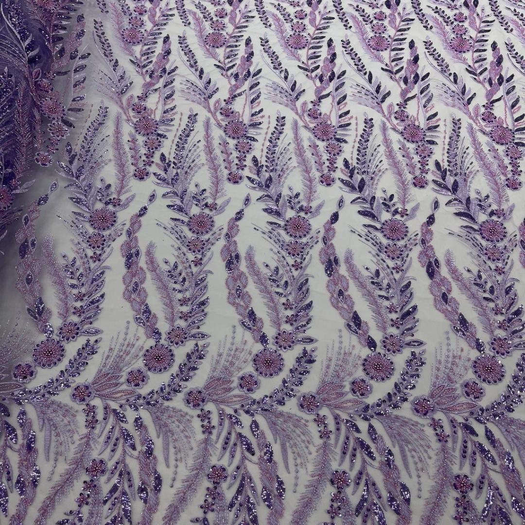 Luxury Lace - Lavender - 3D Beaded Design with Embroidered Sequins and Beads On a Mesh Lace Fabric for Prom Dress By The Yard