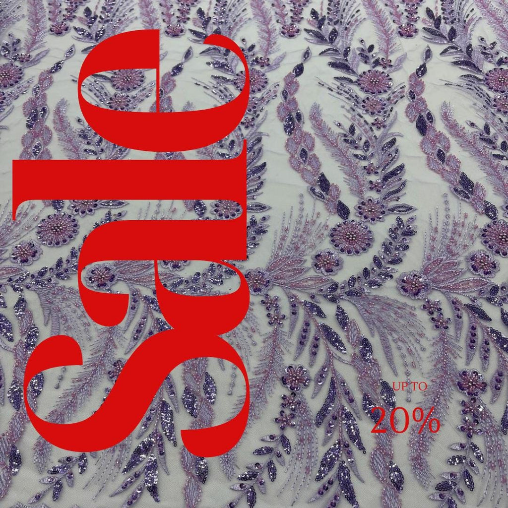Luxury Lace - Lavender - 3D Beaded Design with Embroidered Sequins and Beads On a Mesh Lace Fabric for Prom Dress By The Yard