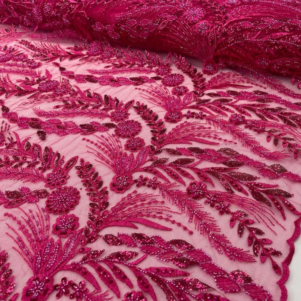 Luxury Lace - Fuchsia - 3D Beaded Design with Embroidered Sequins and Beads On a Mesh Lace Fabric for Prom Dress By The Yard