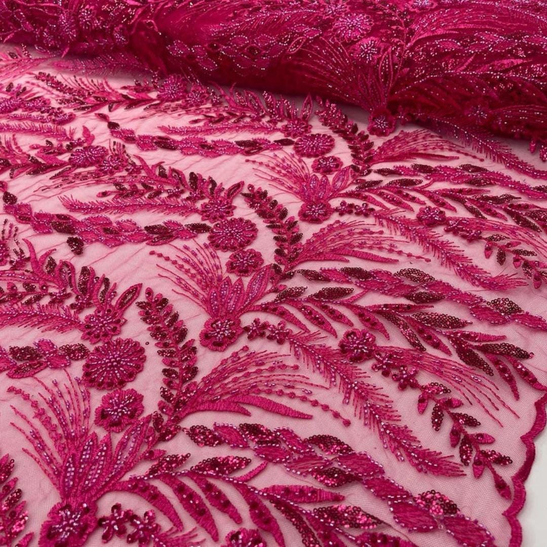 Luxury Lace - Fuchsia - 3D Beaded Design with Embroidered Sequins and Beads On a Mesh Lace Fabric for Prom Dress By The Yard