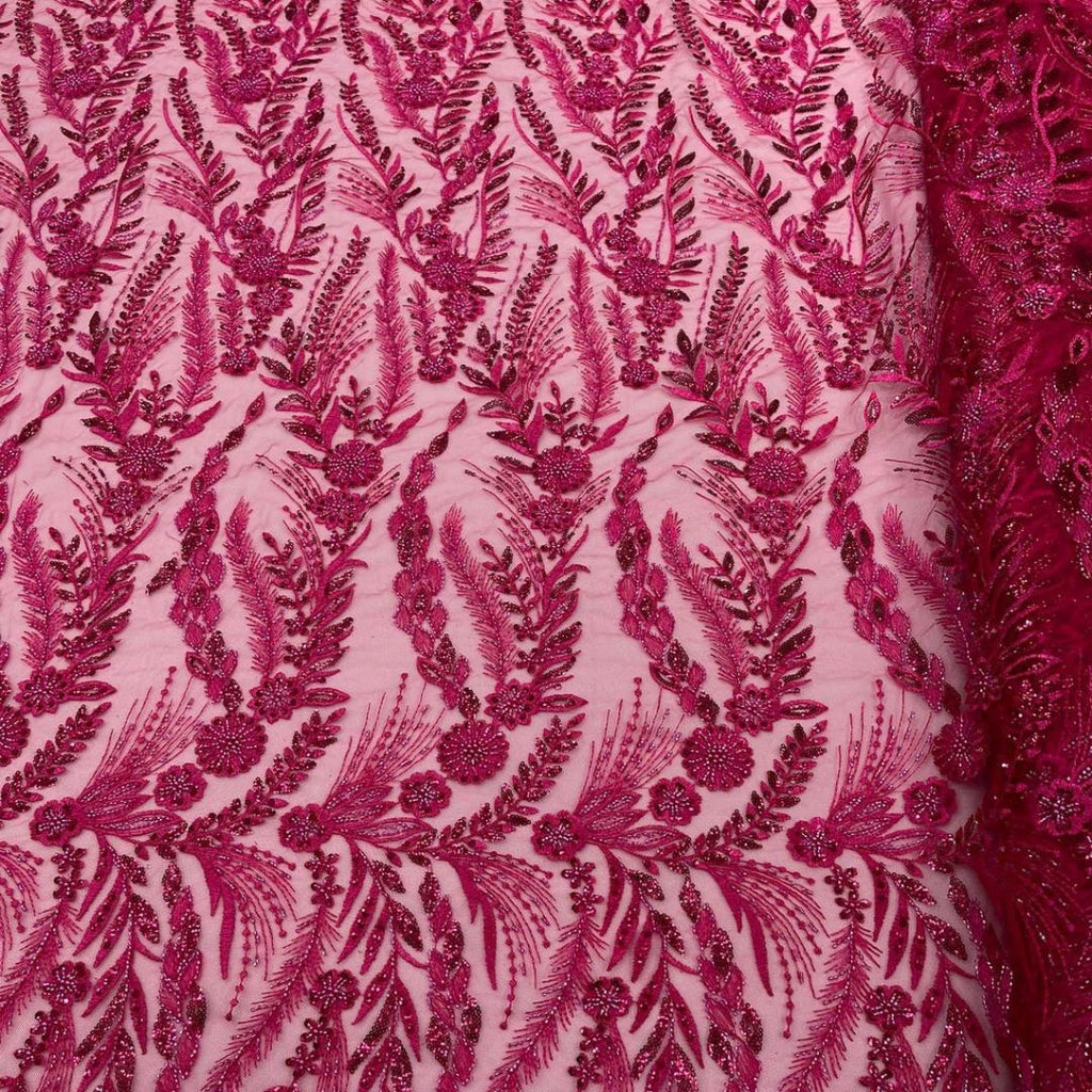 Luxury Lace - Fuchsia - 3D Beaded Design with Embroidered Sequins and Beads On a Mesh Lace Fabric for Prom Dress By The Yard