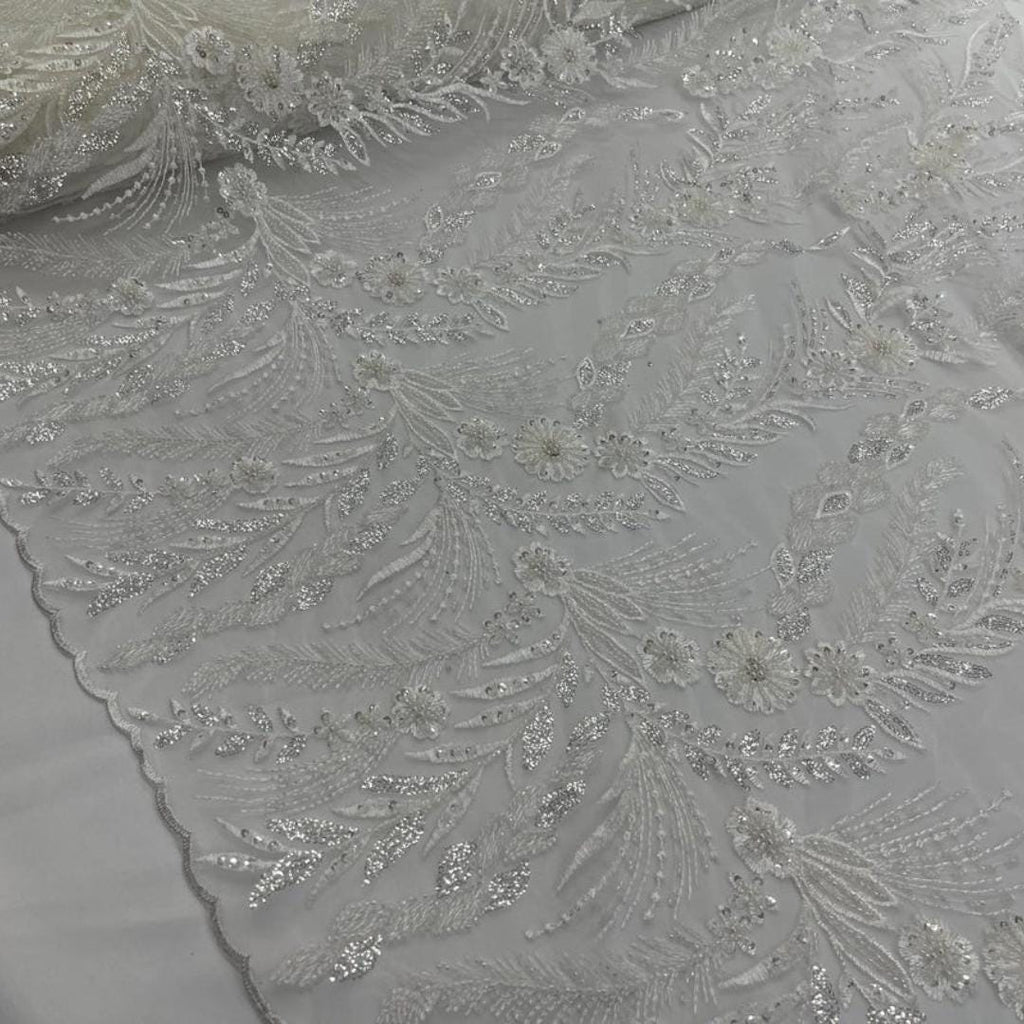 Luxury Lace - Ivory - 3D Beaded Design with Embroidered Sequins and Beads On a Mesh Lace Fabric for Prom Dress By The Yard
