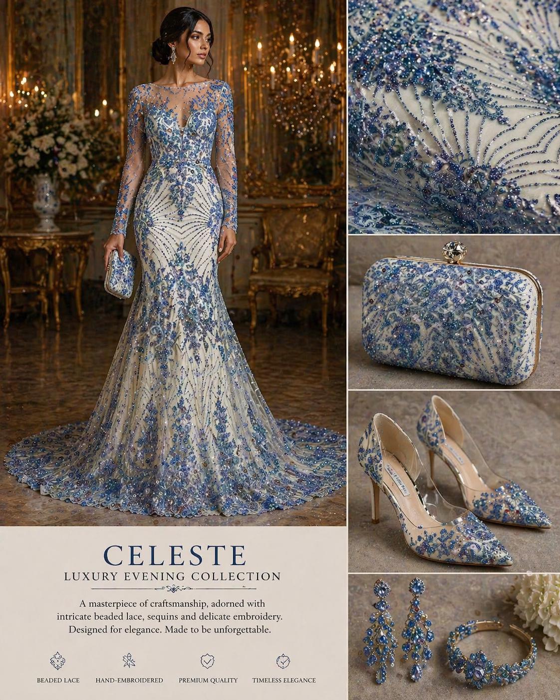 Luxury Lace - Celeste - 3D Beaded Design with Embroidered Sequins and Beads On a Mesh Lace Fabric for Prom Dress By The Yard