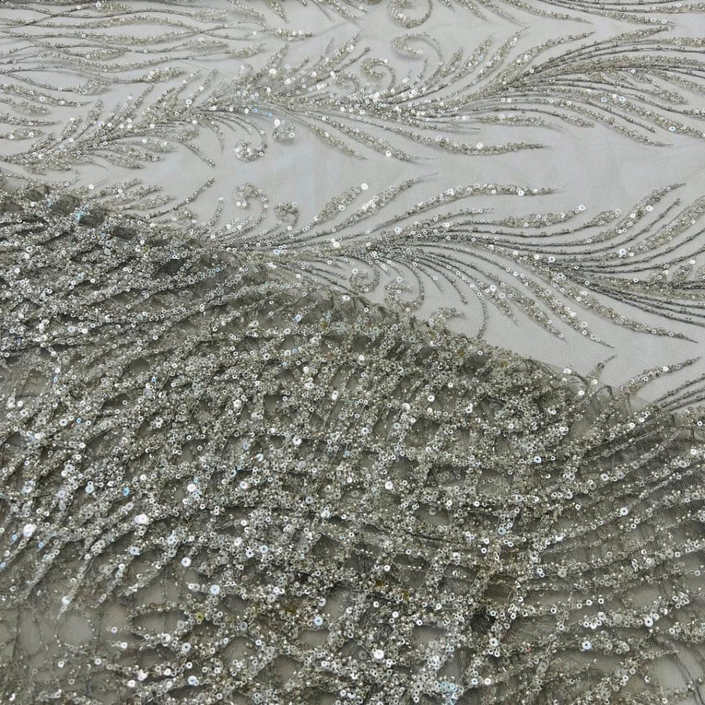 Luxury Lace - Silver - 3D Beaded Design with Embroidered Sequins and Beads On a Mesh Lace Fabric for Prom Dress By The Yard