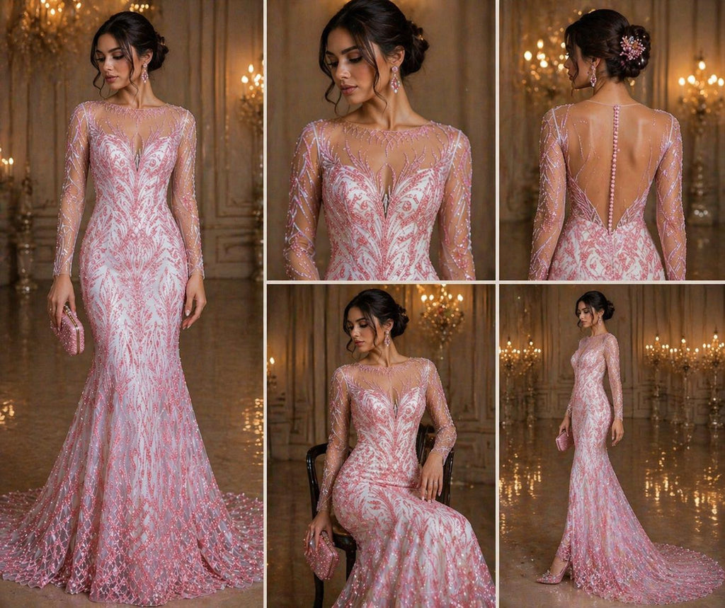 Luxury Lace - Pink - 3D Beaded Design with Embroidered Sequins and Beads On a Mesh Lace Fabric for Prom Dress By The Yard