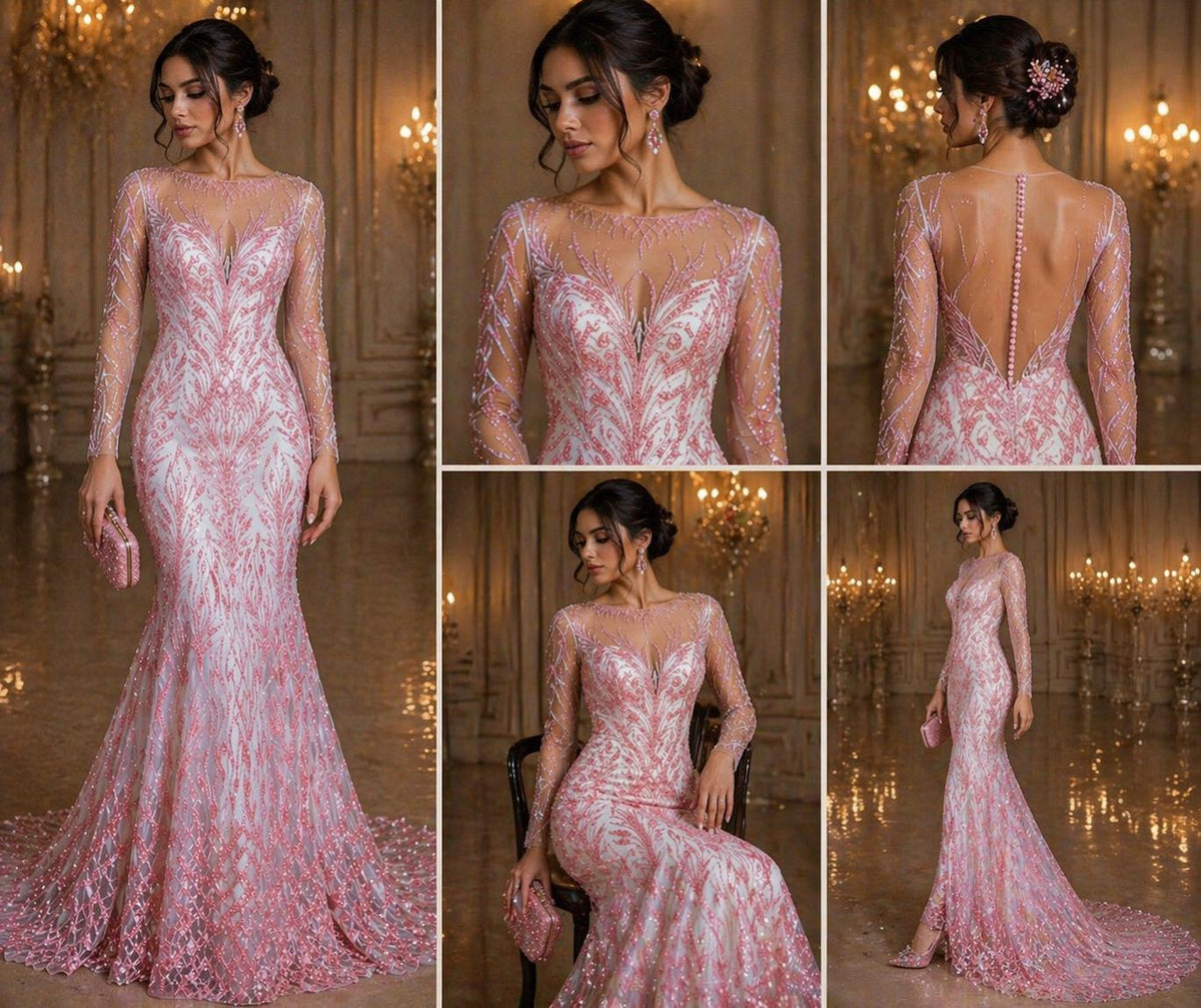 Luxury Lace - Pink - 3D Beaded Design with Embroidered Sequins and Beads On a Mesh Lace Fabric for Prom Dress By The Yard