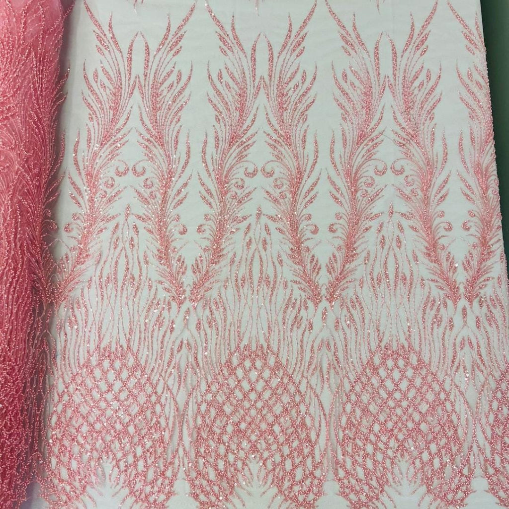 Luxury Lace - Pink - 3D Beaded Design with Embroidered Sequins and Beads On a Mesh Lace Fabric for Prom Dress By The Yard