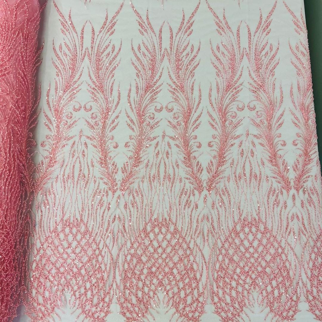 Luxury Lace - Pink - 3D Beaded Design with Embroidered Sequins and Beads On a Mesh Lace Fabric for Prom Dress By The Yard