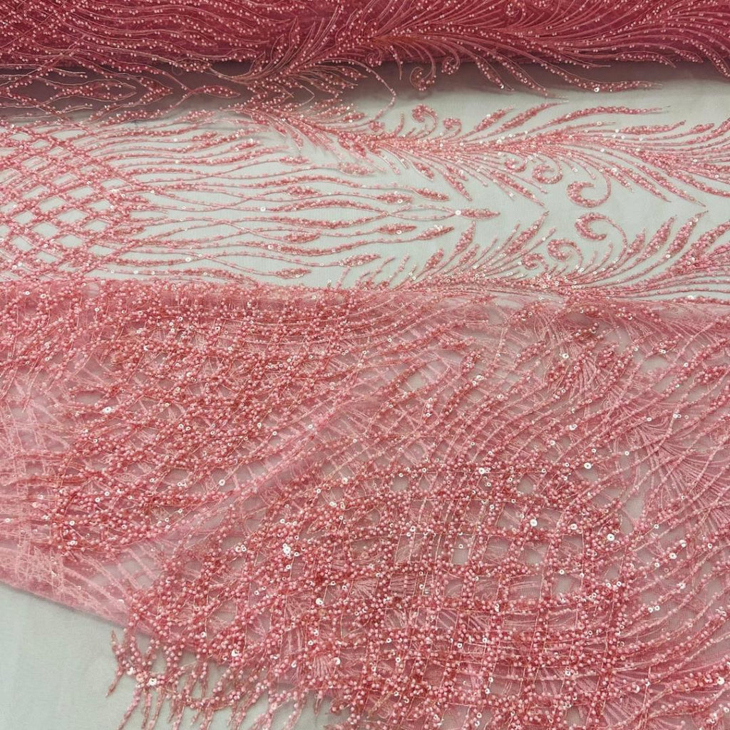 Luxury Lace - Pink - 3D Beaded Design with Embroidered Sequins and Beads On a Mesh Lace Fabric for Prom Dress By The Yard