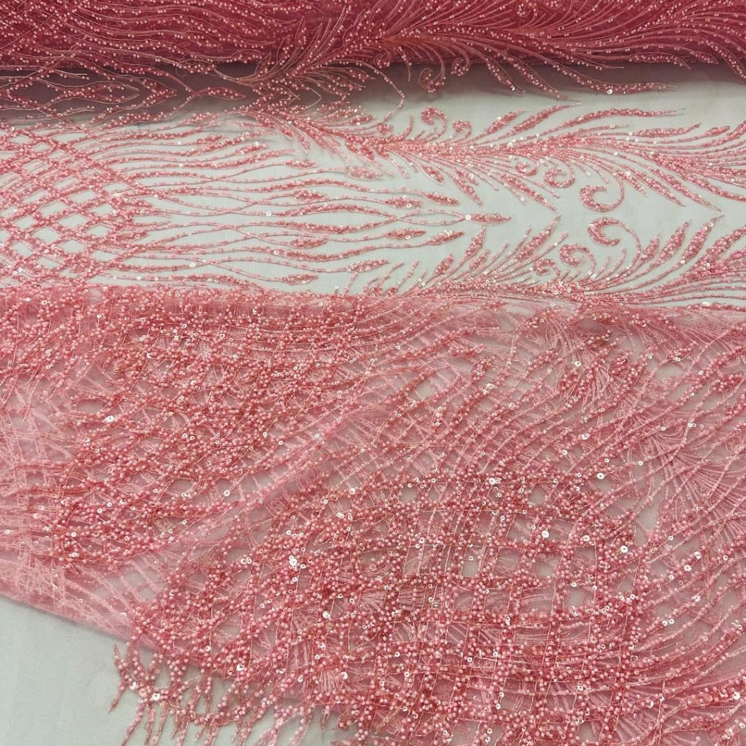 Luxury Lace - Pink - 3D Beaded Design with Embroidered Sequins and Beads On a Mesh Lace Fabric for Prom Dress By The Yard
