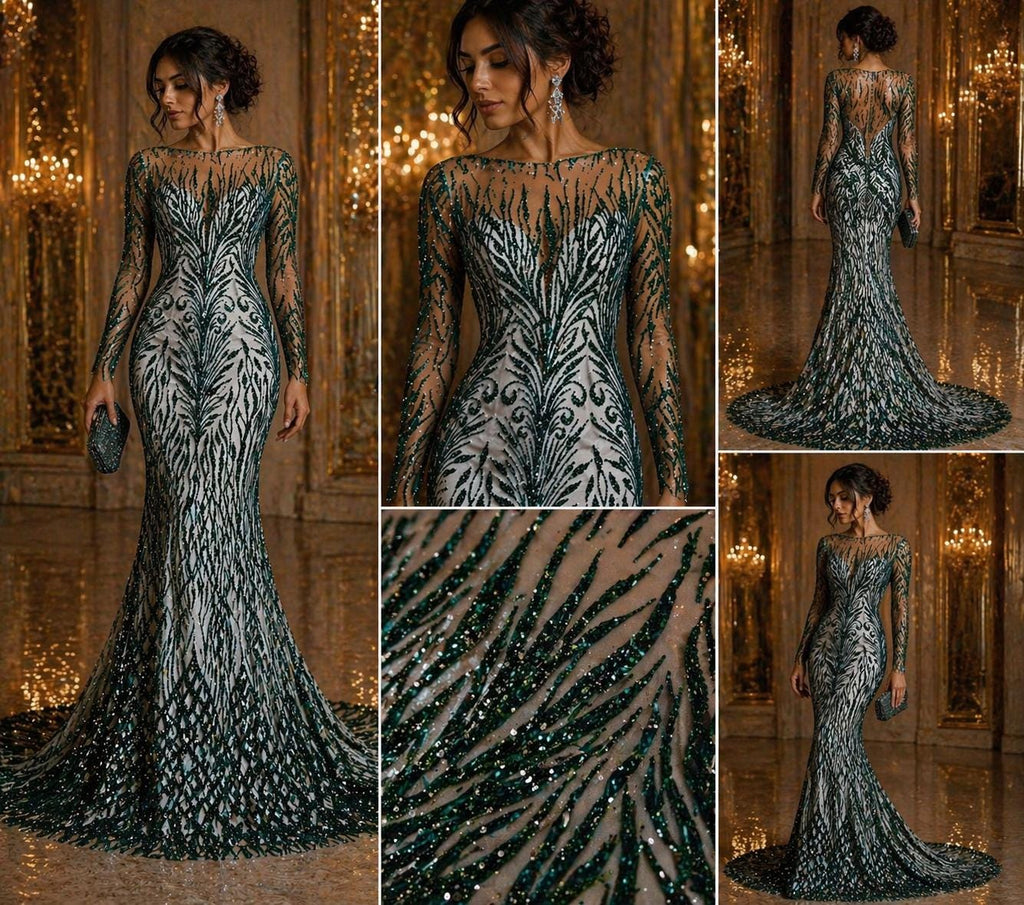Luxury Lace - Hunter - 3D Beaded Design with Embroidered Sequins and Beads On a Mesh Lace Fabric for Prom Dress By The Yard