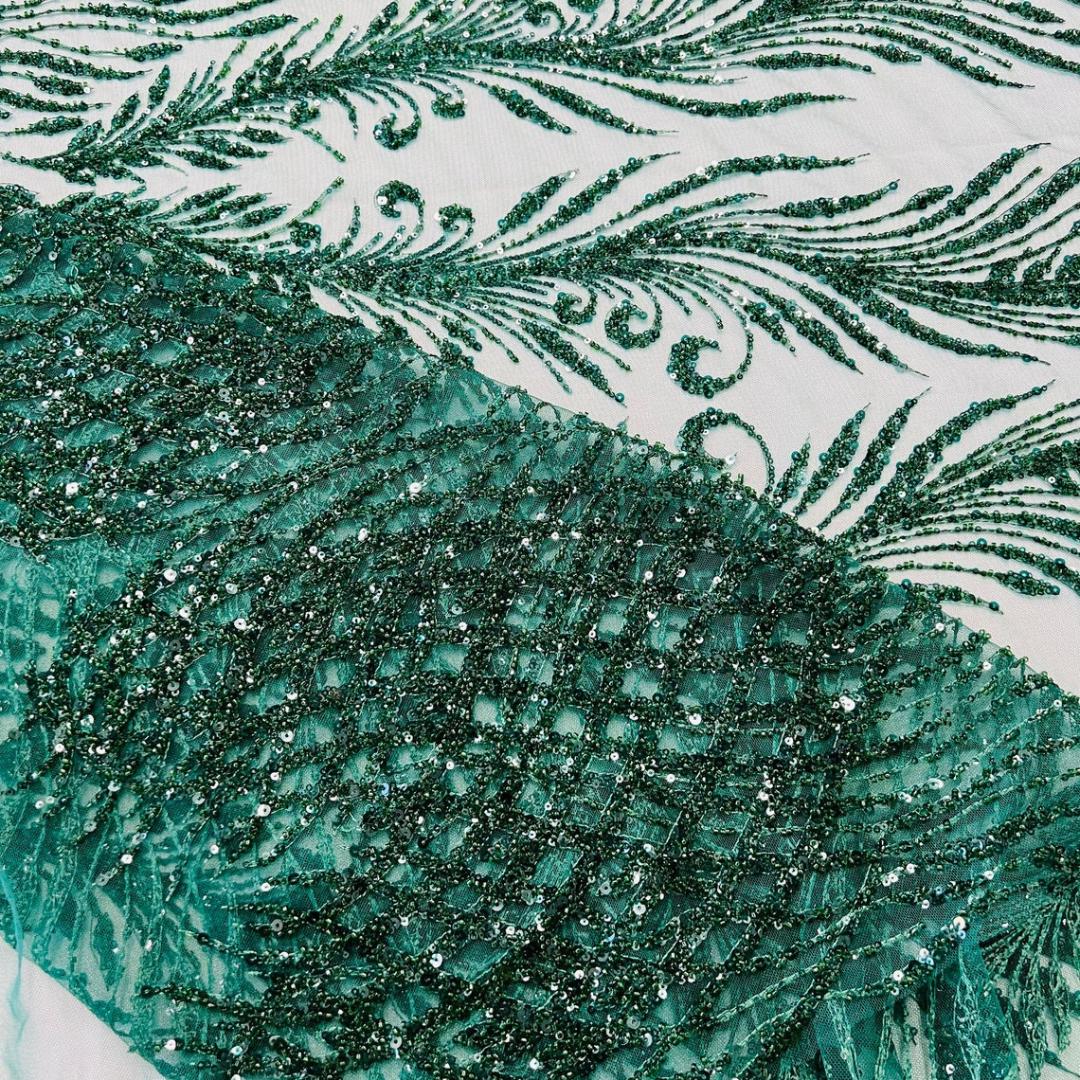 Luxury Lace - Hunter - 3D Beaded Design with Embroidered Sequins and Beads On a Mesh Lace Fabric for Prom Dress By The Yard