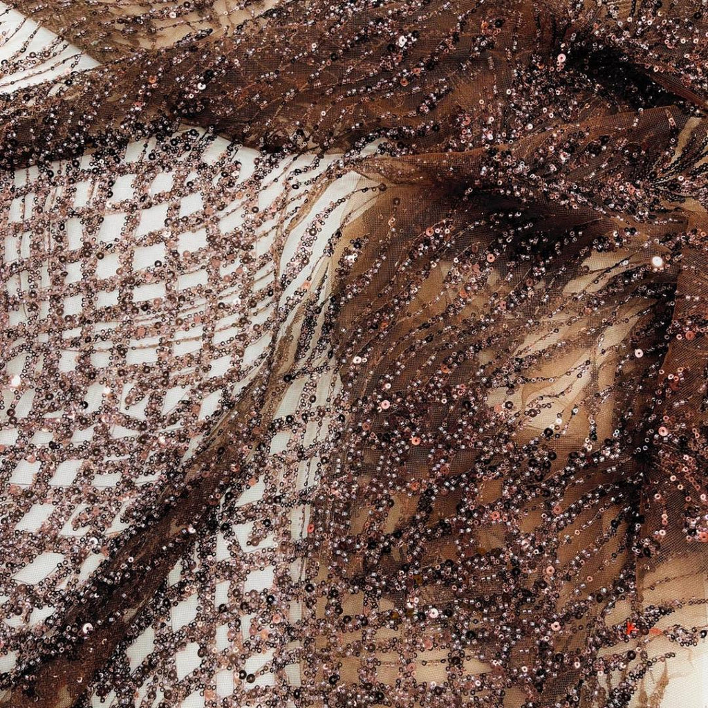 Luxury Lace - Brown - 3D Beaded Design with Embroidered Sequins and Beads On a Mesh Lace Fabric for Prom Dress By The Yard
