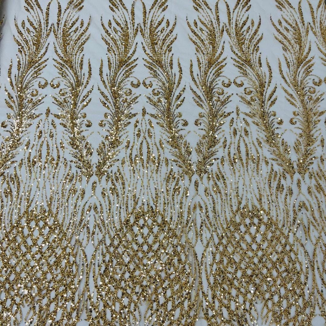 Luxury Lace - Champagne - 3D Beaded Design with Embroidered Sequins and Beads On a Mesh Lace Fabric for Prom Dress By The Yard