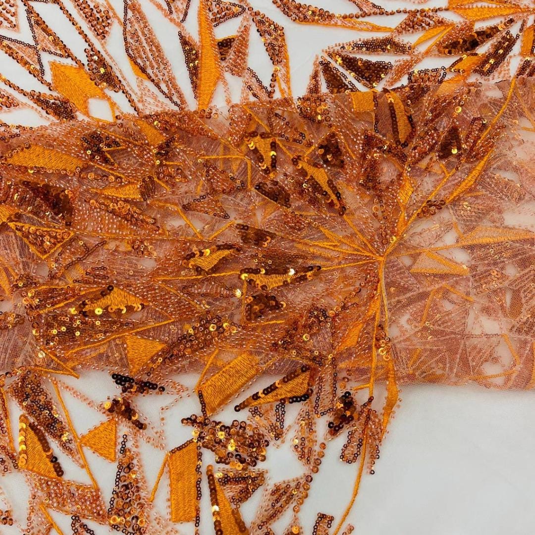 Luxury Geometric Lace - Orange - 3D Beaded Design with Embroidered Sequins and Beads On a Mesh Lace Fabric for Prom Dress By The Yard
