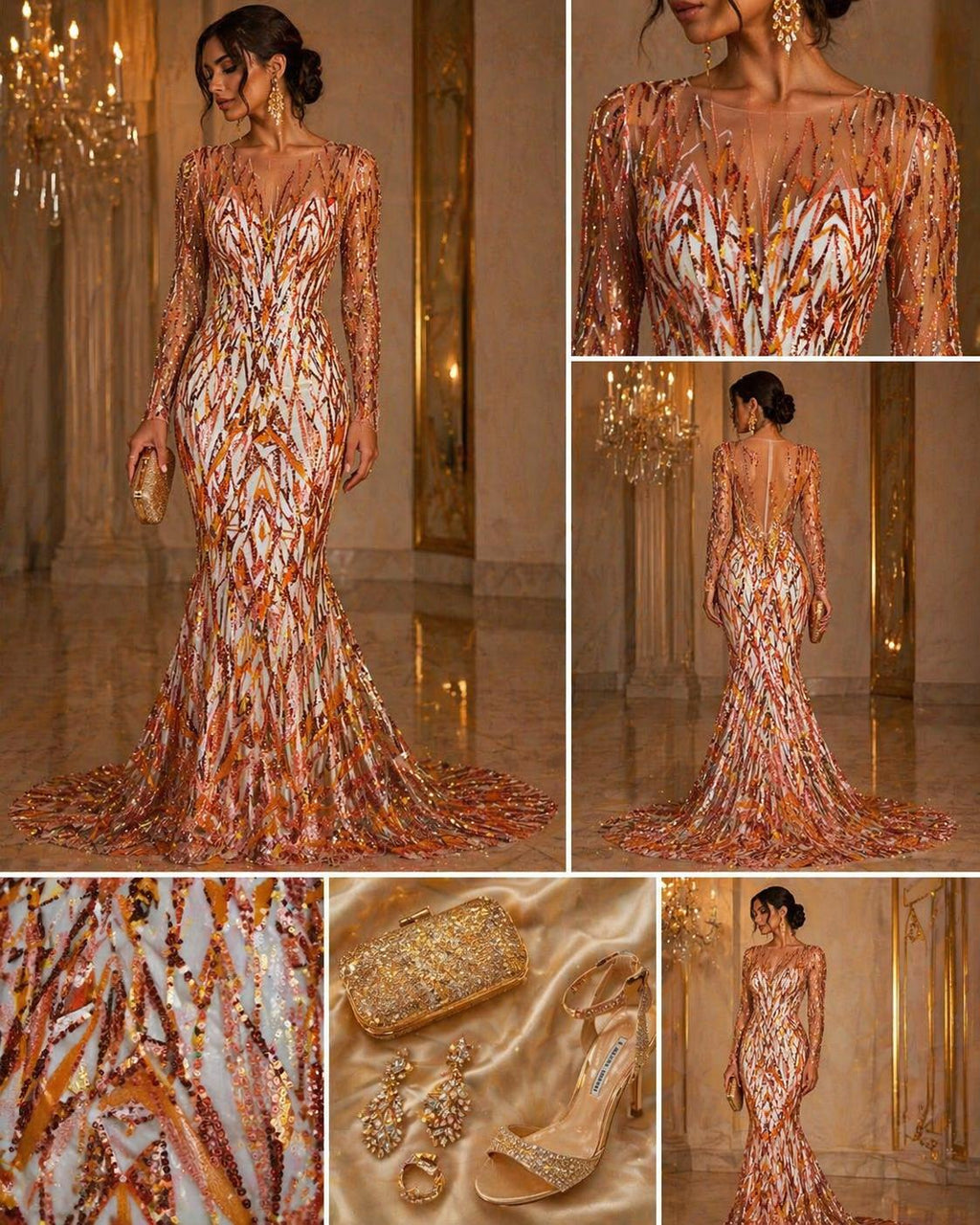 Luxury Geometric Lace - Orange - 3D Beaded Design with Embroidered Sequins and Beads On a Mesh Lace Fabric for Prom Dress By The Yard