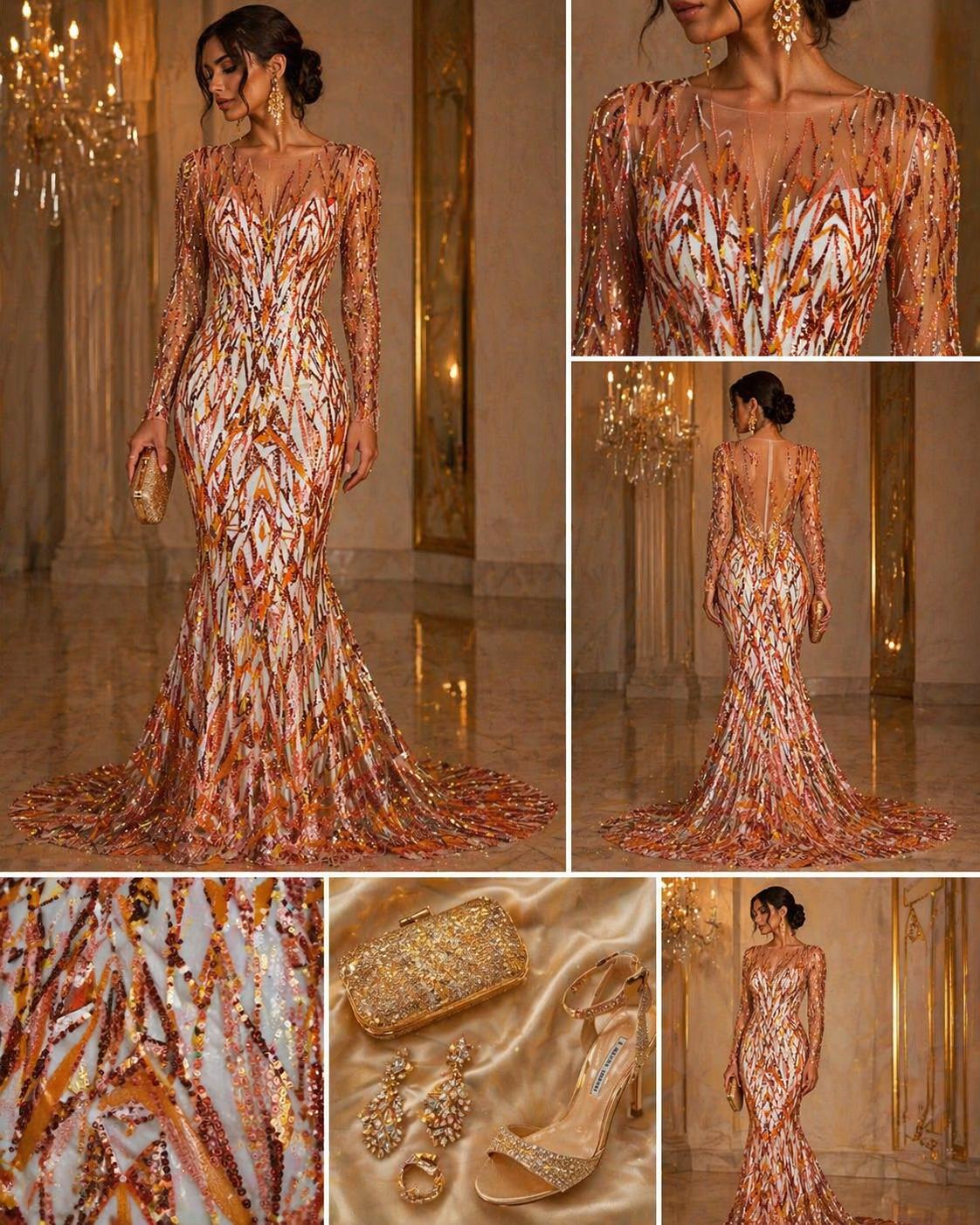 Luxury Geometric Lace - Orange - 3D Beaded Design with Embroidered Sequins and Beads On a Mesh Lace Fabric for Prom Dress By The Yard