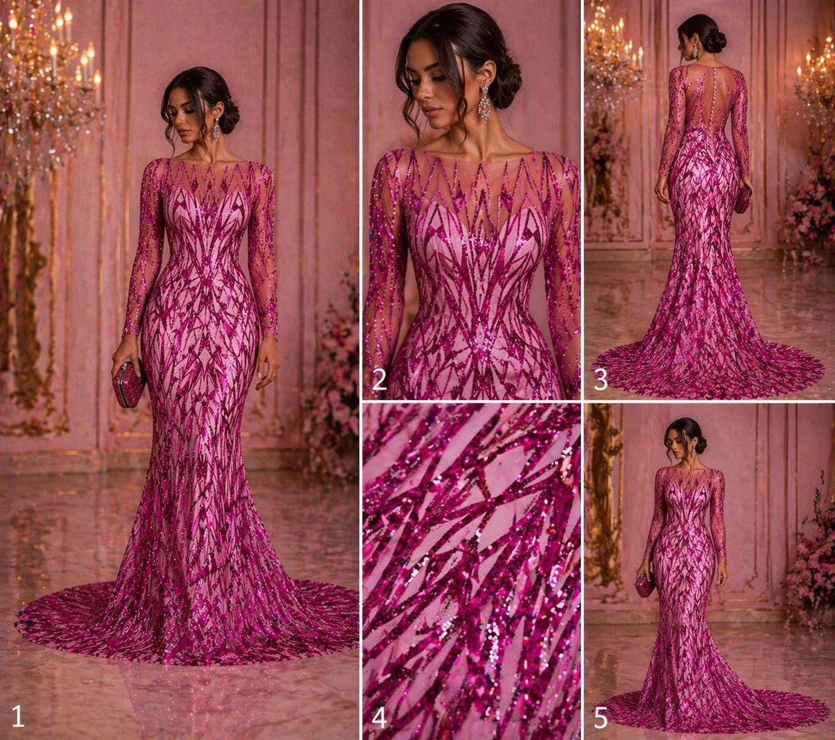 Luxury Geometric Lace - Fuchsia - 3D Beaded Design with Embroidered Sequins and Beads On a Mesh Lace Fabric for Prom Dress By The Yard