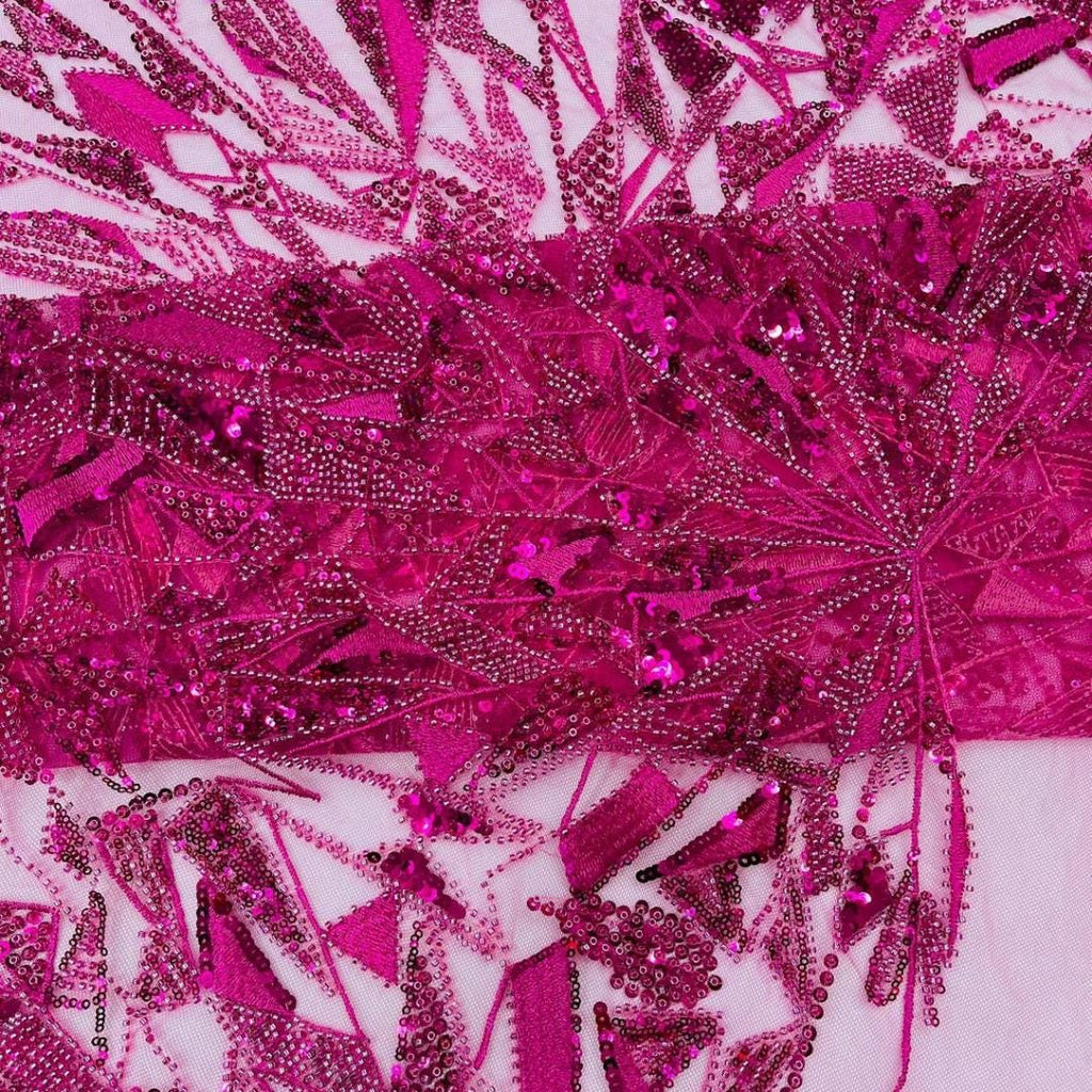 Luxury Geometric Lace - Fuchsia - 3D Beaded Design with Embroidered Sequins and Beads On a Mesh Lace Fabric for Prom Dress By The Yard