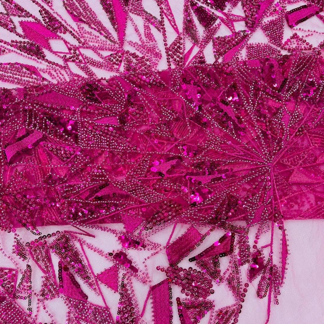 Luxury Geometric Lace - Fuchsia - 3D Beaded Design with Embroidered Sequins and Beads On a Mesh Lace Fabric for Prom Dress By The Yard