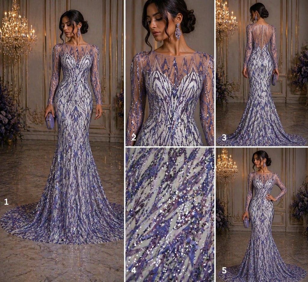 Luxury Geometric Lace - Lavender - 3D Beaded Design with Embroidered Sequins and Beads On a Mesh Lace Fabric for Prom Dress By The Yard