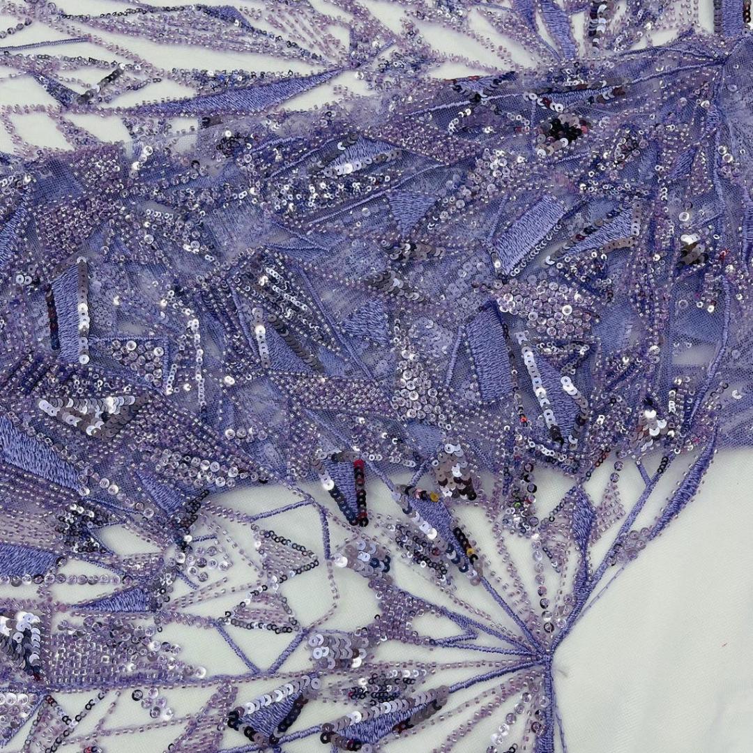 Luxury Geometric Lace - Lavender - 3D Beaded Design with Embroidered Sequins and Beads On a Mesh Lace Fabric for Prom Dress By The Yard