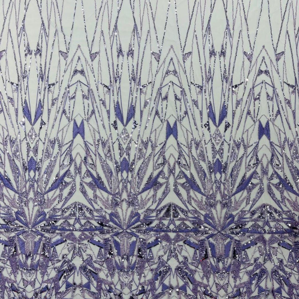 Luxury Geometric Lace - Lavender - 3D Beaded Design with Embroidered Sequins and Beads On a Mesh Lace Fabric for Prom Dress By The Yard