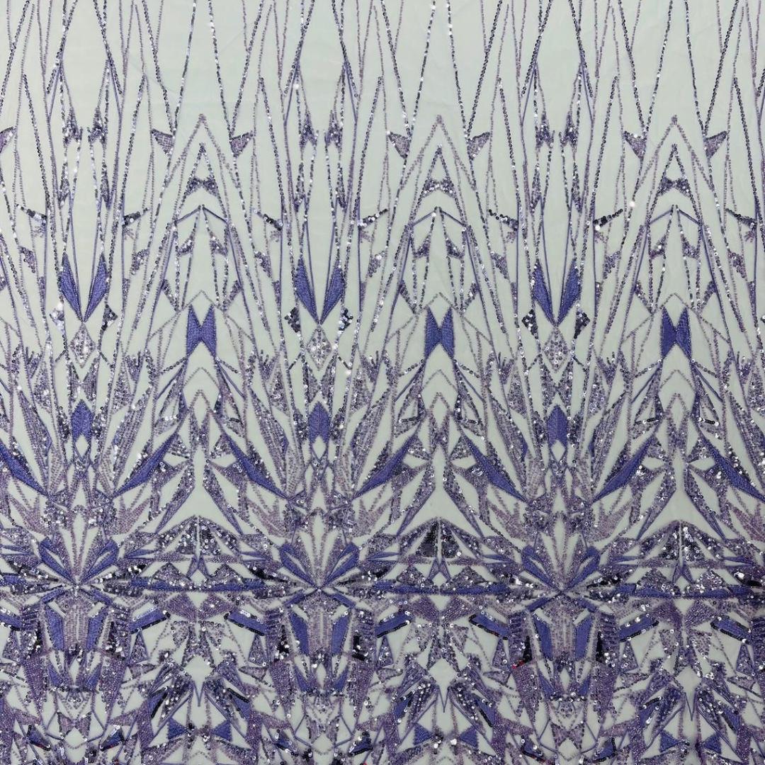 Luxury Geometric Lace - Lavender - 3D Beaded Design with Embroidered Sequins and Beads On a Mesh Lace Fabric for Prom Dress By The Yard