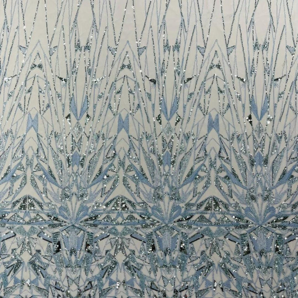Luxury Geometric Lace - Lt Blue - 3D Beaded Design with Embroidered Sequins and Beads On a Mesh Lace Fabric for Prom Dress By The Yard