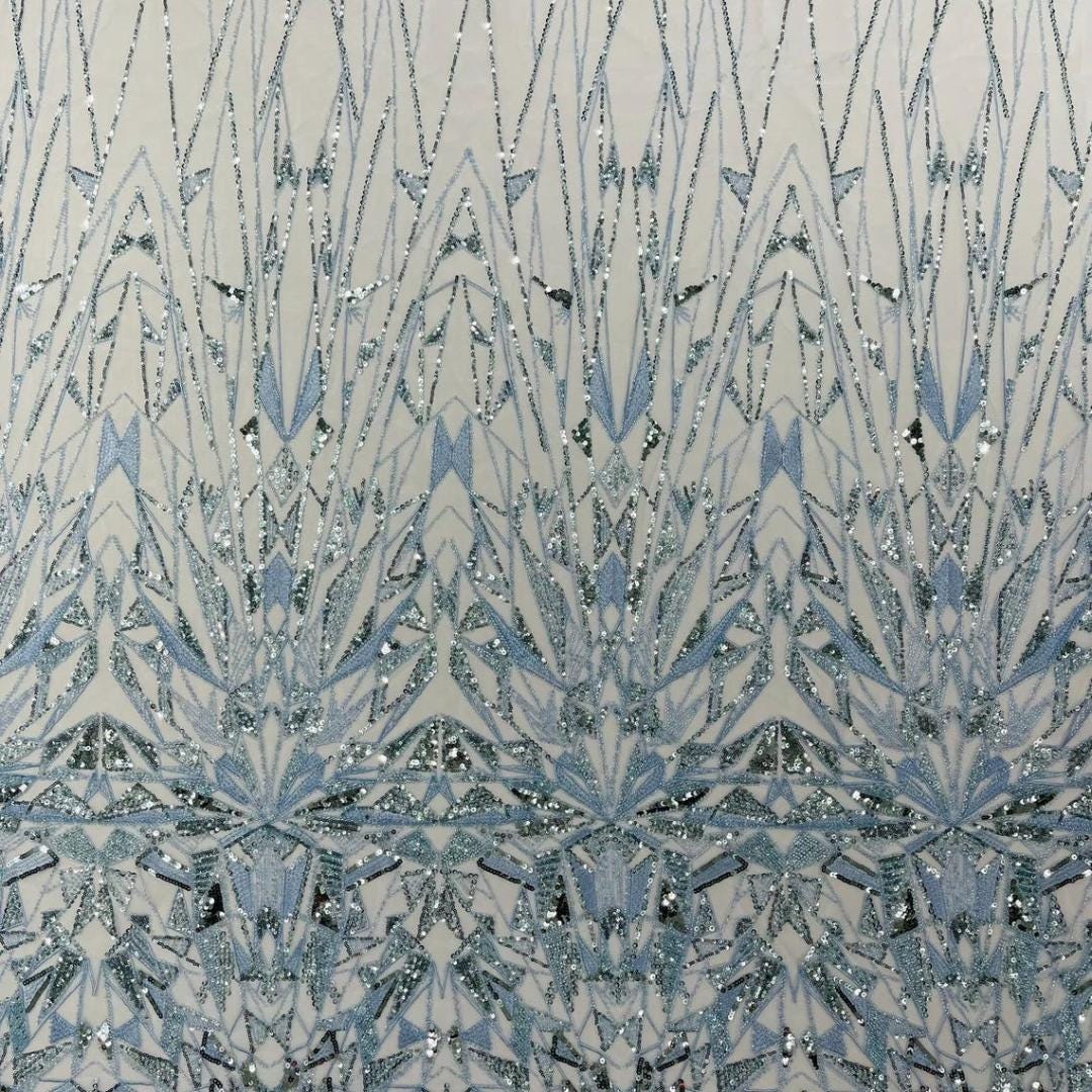 Luxury Geometric Lace - Lt Blue - 3D Beaded Design with Embroidered Sequins and Beads On a Mesh Lace Fabric for Prom Dress By The Yard