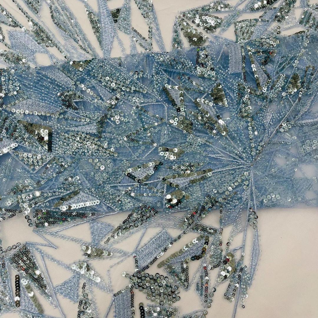 Luxury Geometric Lace - Lt Blue - 3D Beaded Design with Embroidered Sequins and Beads On a Mesh Lace Fabric for Prom Dress By The Yard