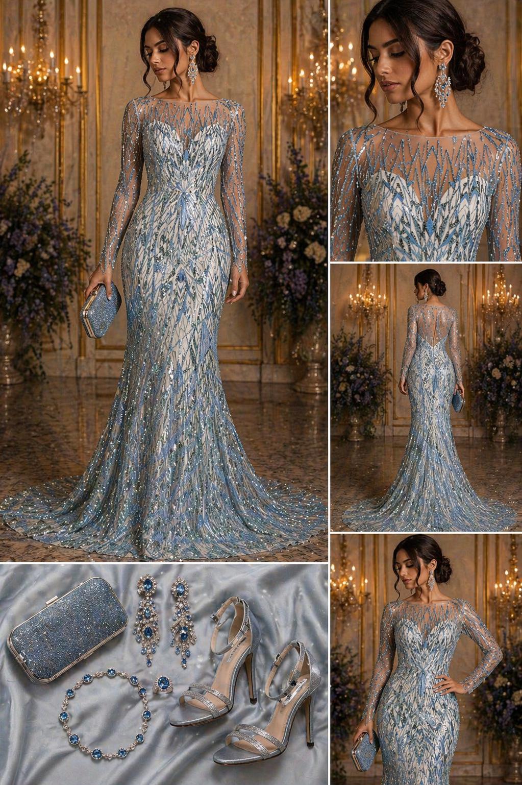 Luxury Geometric Lace - Lt Blue - 3D Beaded Design with Embroidered Sequins and Beads On a Mesh Lace Fabric for Prom Dress By The Yard