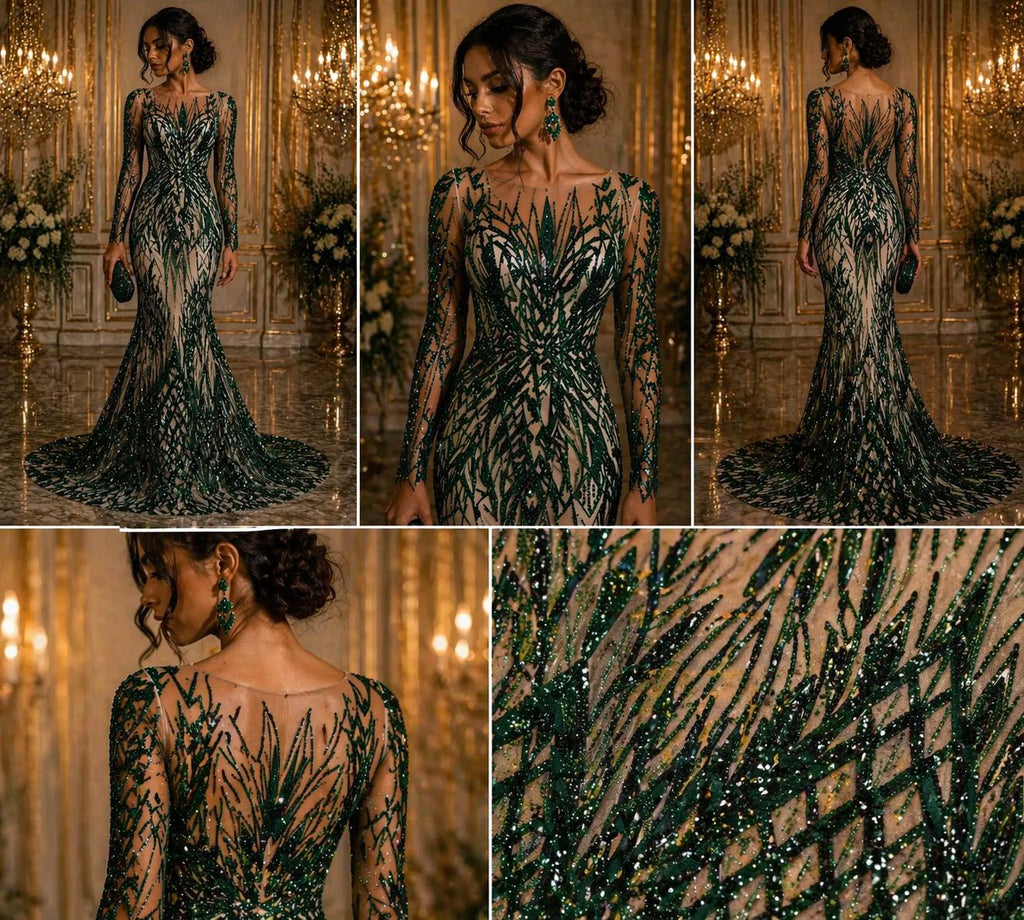 Luxury Geometric Lace - Hunter - 3D Beaded Design with Embroidered Sequins and Beads On a Mesh Lace Fabric for Prom Dress By The Yard