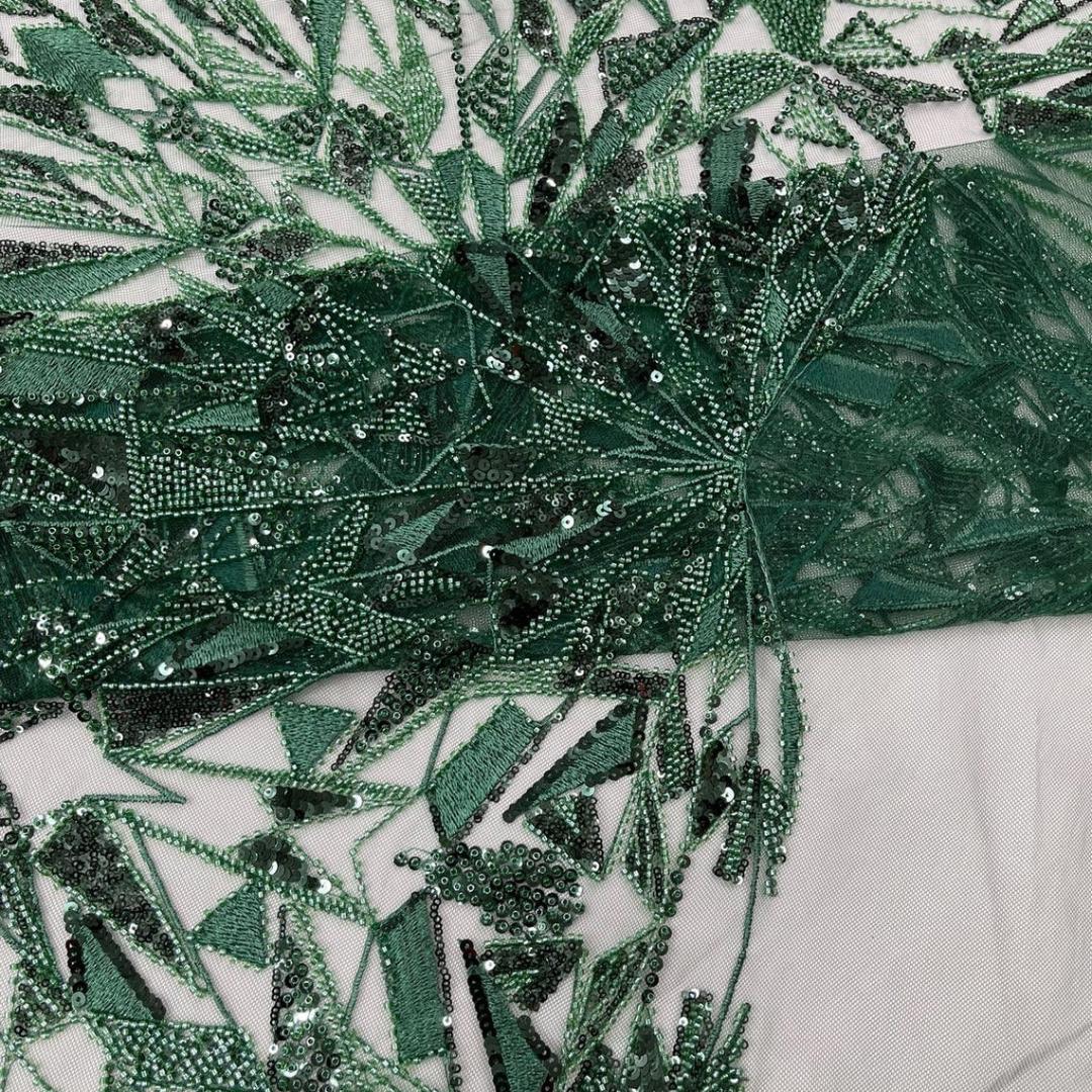 Luxury Geometric Lace - Hunter - 3D Beaded Design with Embroidered Sequins and Beads On a Mesh Lace Fabric for Prom Dress By The Yard