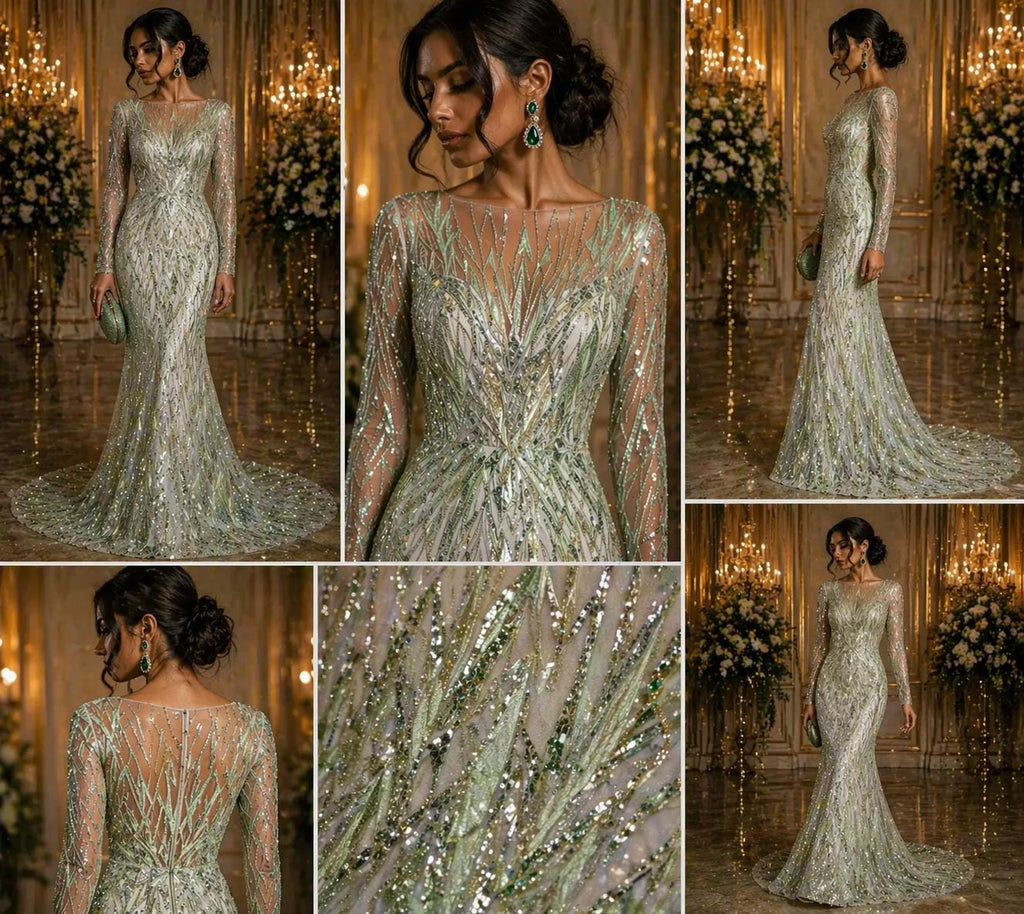 Luxury Geometric Lace - Sage/Mint - 3D Beaded Design with Embroidered Sequins and Beads On a Mesh Lace Fabric for Prom Dress By The Yard