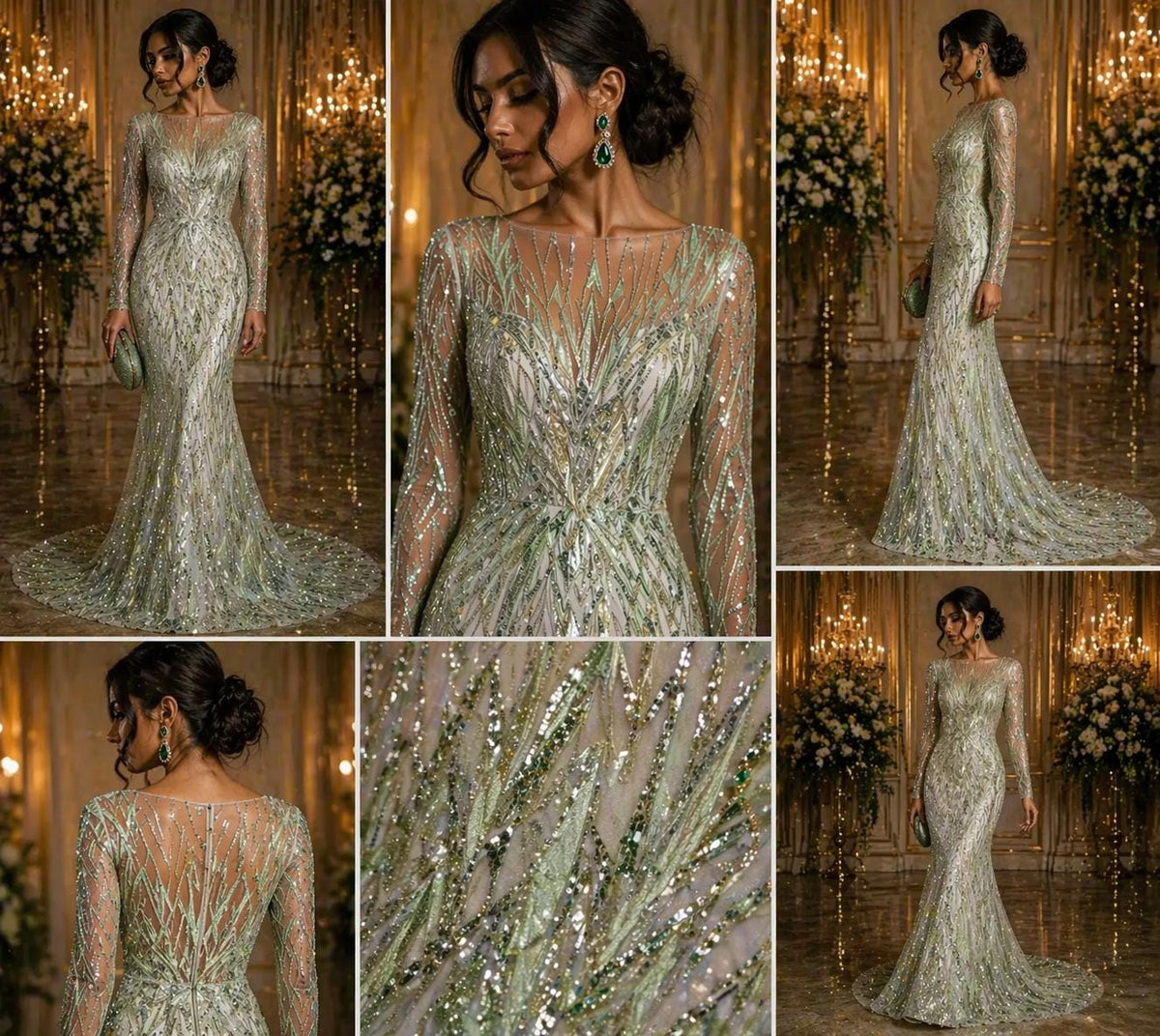 Luxury Geometric Lace - Sage/Mint - 3D Beaded Design with Embroidered Sequins and Beads On a Mesh Lace Fabric for Prom Dress By The Yard