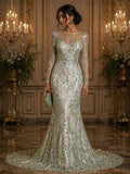 Luxury Geometric Lace - Sage/Mint - 3D Beaded Design with Embroidered Sequins and Beads On a Mesh Lace Fabric for Prom Dress By The Yard