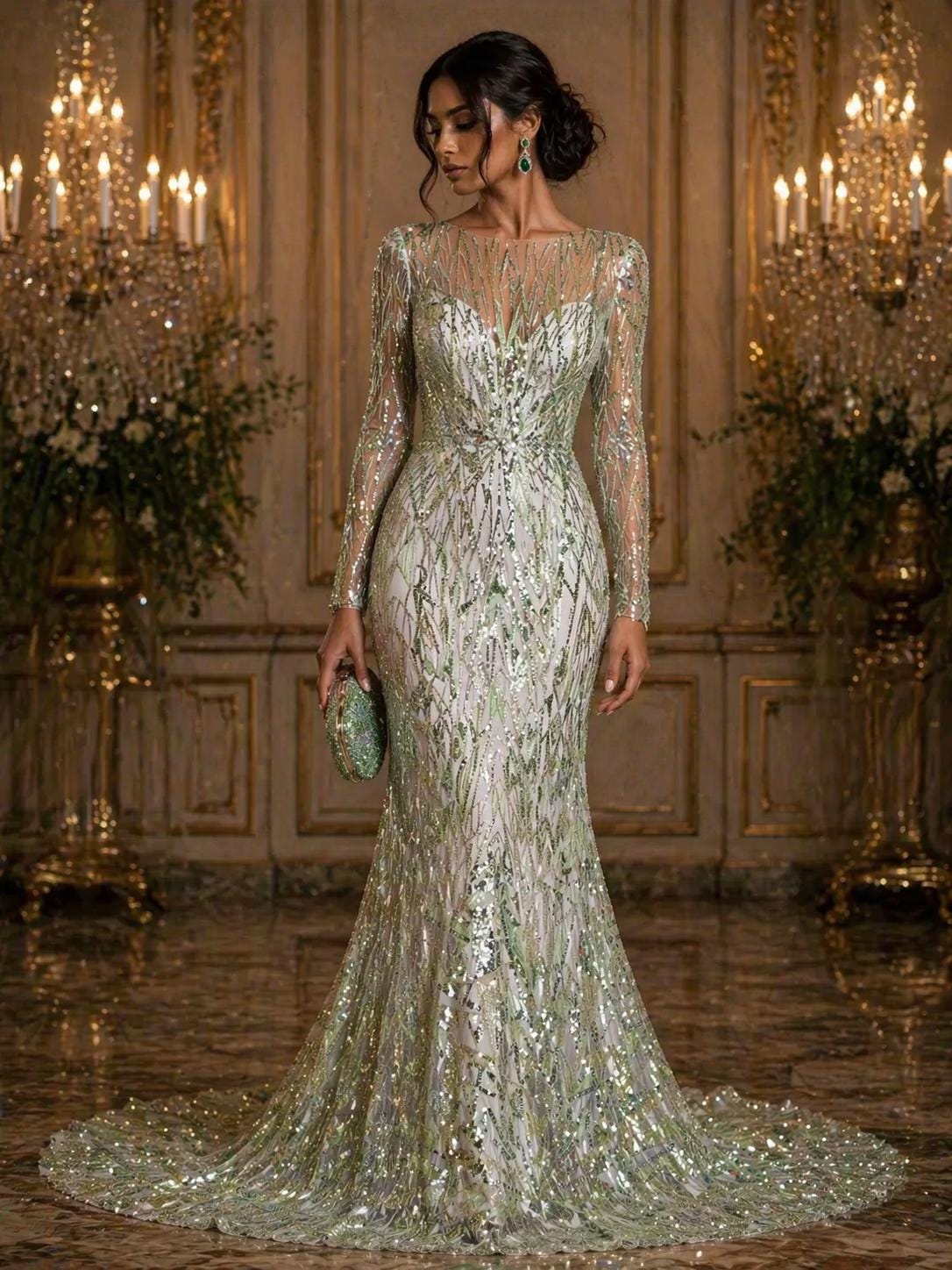 Luxury Geometric Lace - Sage/Mint - 3D Beaded Design with Embroidered Sequins and Beads On a Mesh Lace Fabric for Prom Dress By The Yard