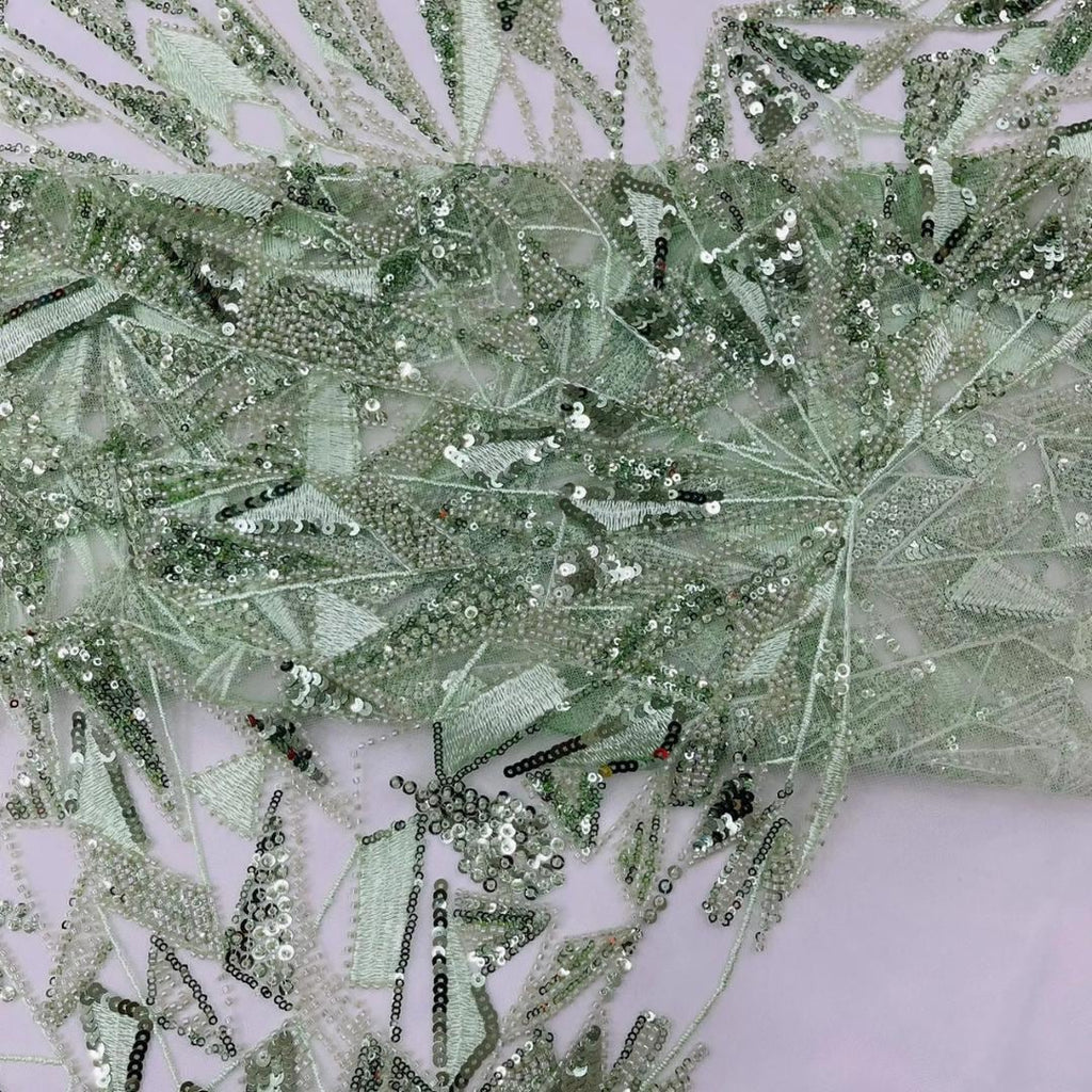 Luxury Geometric Lace - Sage/Mint - 3D Beaded Design with Embroidered Sequins and Beads On a Mesh Lace Fabric for Prom Dress By The Yard