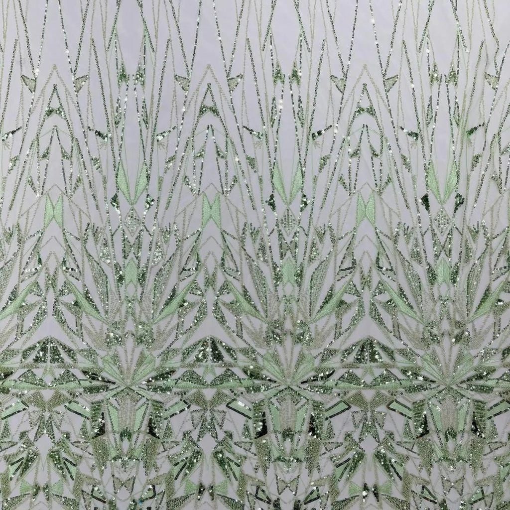 Luxury Geometric Lace - Sage/Mint - 3D Beaded Design with Embroidered Sequins and Beads On a Mesh Lace Fabric for Prom Dress By The Yard