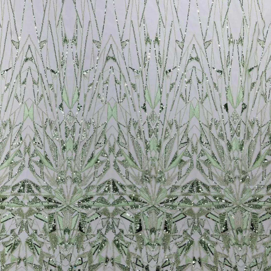 Luxury Geometric Lace - Sage/Mint - 3D Beaded Design with Embroidered Sequins and Beads On a Mesh Lace Fabric for Prom Dress By The Yard