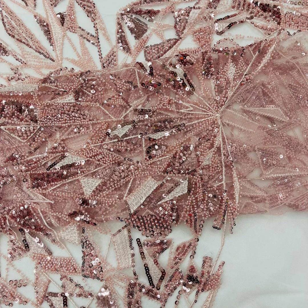 Luxury Geometric Lace - Blush - 3D Beaded Design with Embroidered Sequins and Beads On a Mesh Lace Fabric for Prom Dress By The Yard