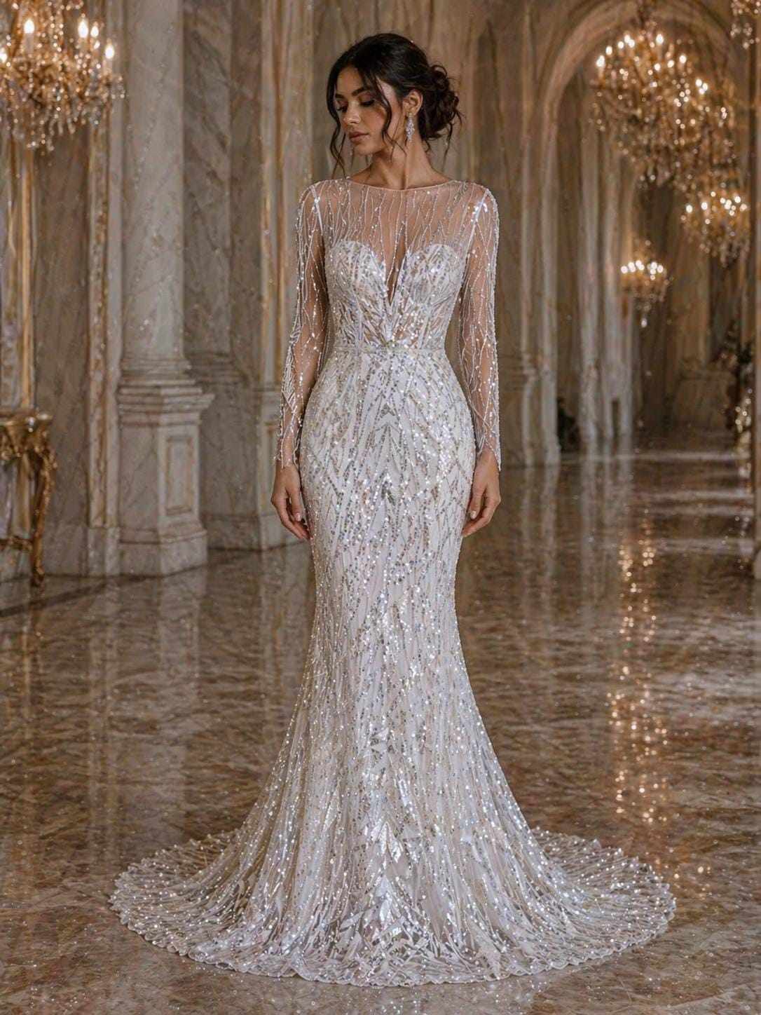 Luxury Geometric Lace - White - 3D Beaded Design with Embroidered Sequins and Beads On a Mesh Lace Fabric for Prom Dress By The Yard